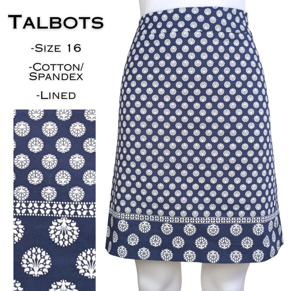 Talbots Straight Skirt Womens 16 Blue White Medallion Print Classic Preppy Crisp